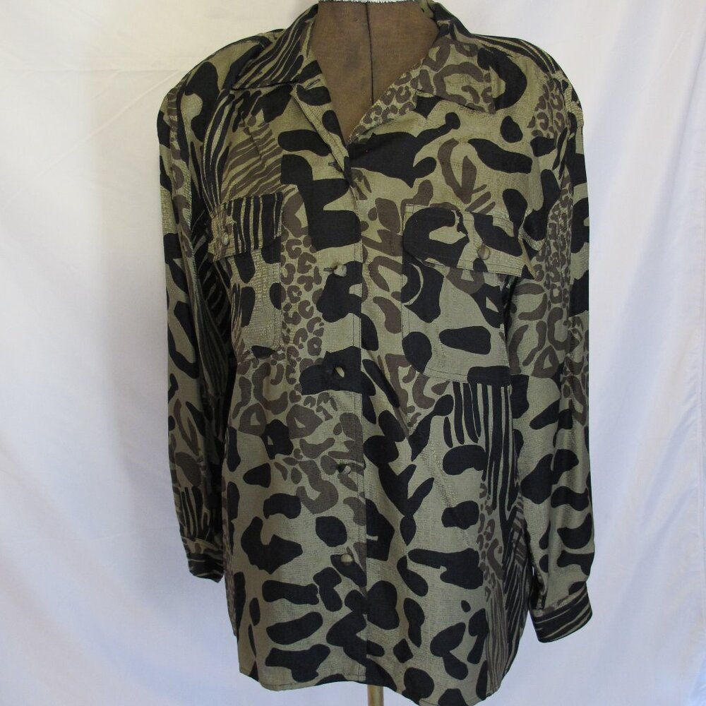 Neiman Marcus Levanté silk olive blouse with black and tan animal prints L